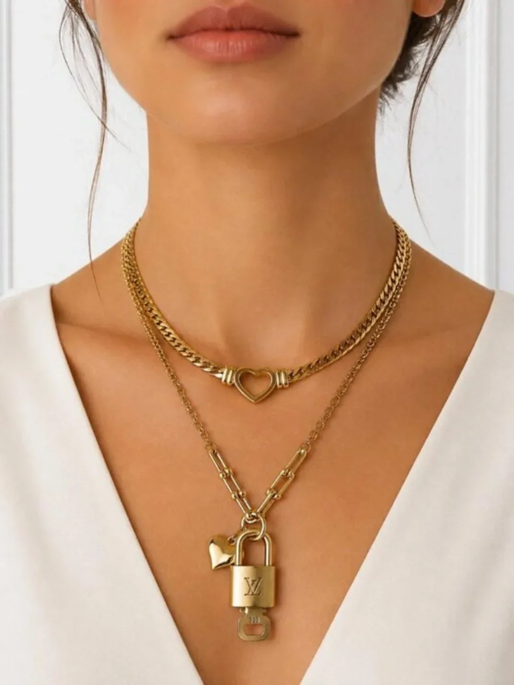 Authentic Louis Vuitton Gold Padlock Pendant with 2 Stainless Stee